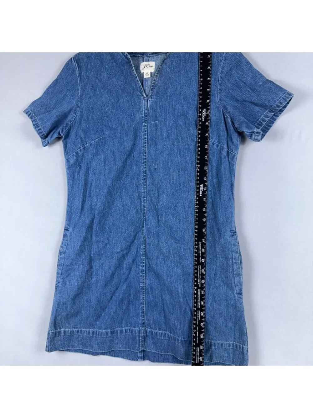 J. Crew Denim Dress Size 4 Petites V-Neck Shift Short Sleeve 100% Cotton Blue
